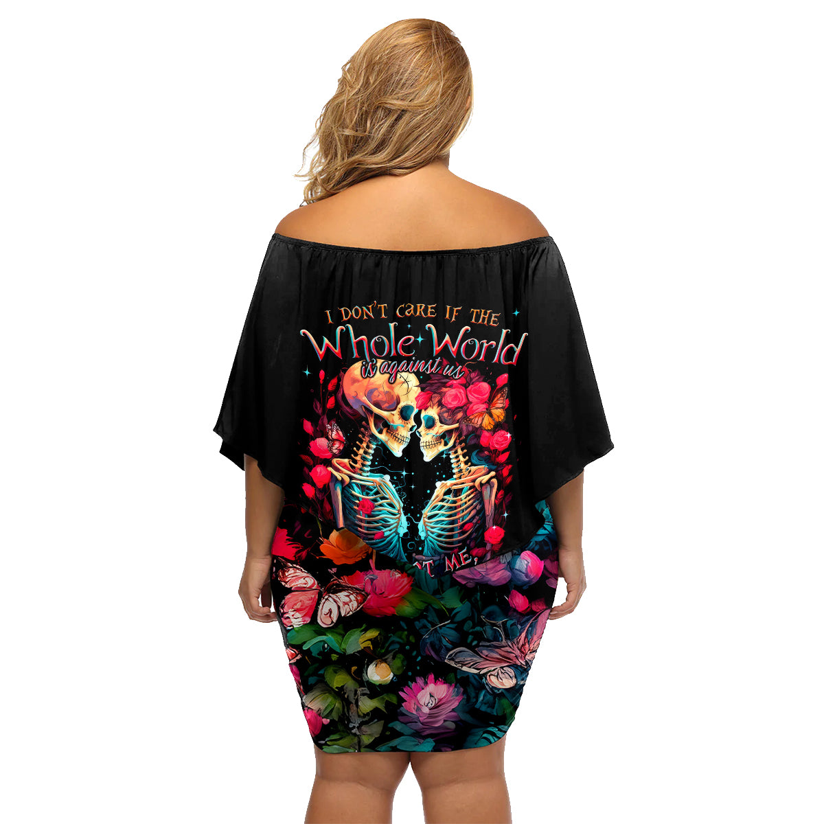 Couple Skull Family Matching Off Shoulder Short Dress and Hawaiian Shirt I Don't Care If The Whole World Is Against Us - Wonder Print Shop