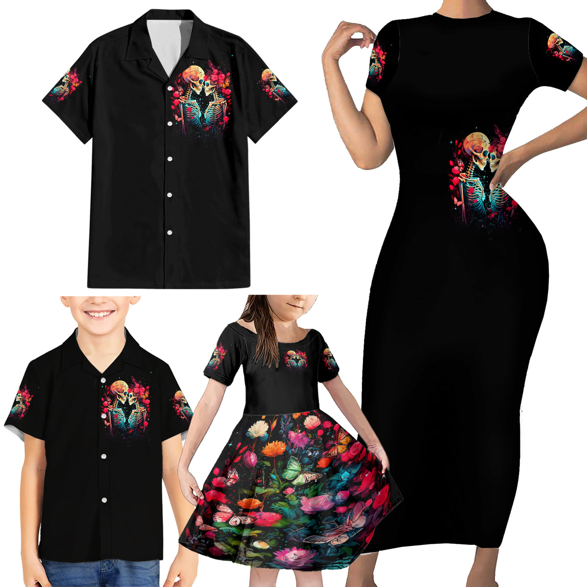 Couple Skull Family Matching Short Sleeve Bodycon Dress and Hawaiian Shirt I Don't Care If The Whole World Is Against Us - Wonder Print Shop