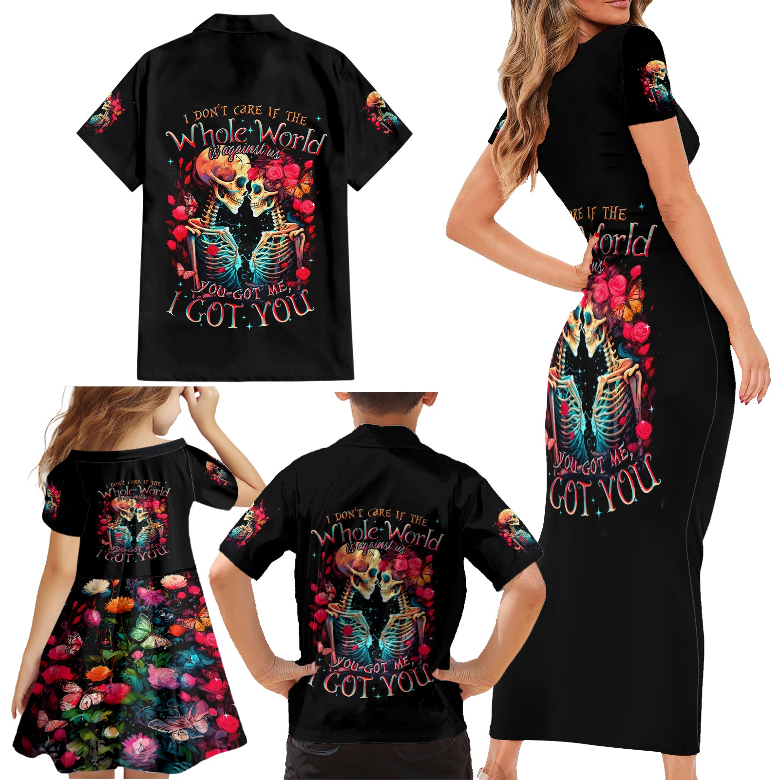 Couple Skull Family Matching Short Sleeve Bodycon Dress and Hawaiian Shirt I Don't Care If The Whole World Is Against Us - Wonder Print Shop