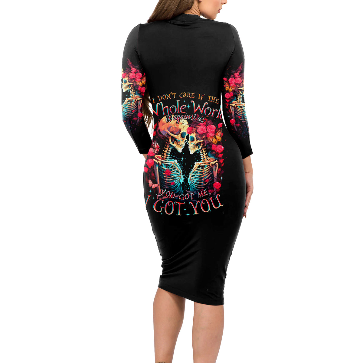 Couple Skull Long Sleeve Bodycon Dress I Don't Care If The Whole World Is Against Us - Wonder Print Shop