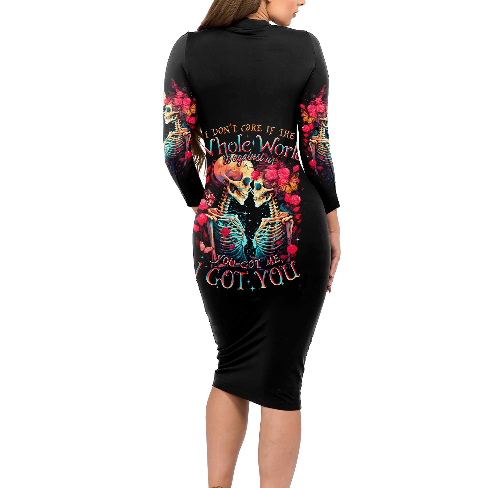Couple Skull Long Sleeve Bodycon Dress I Don't Care If The Whole World Is Against Us - Wonder Print Shop