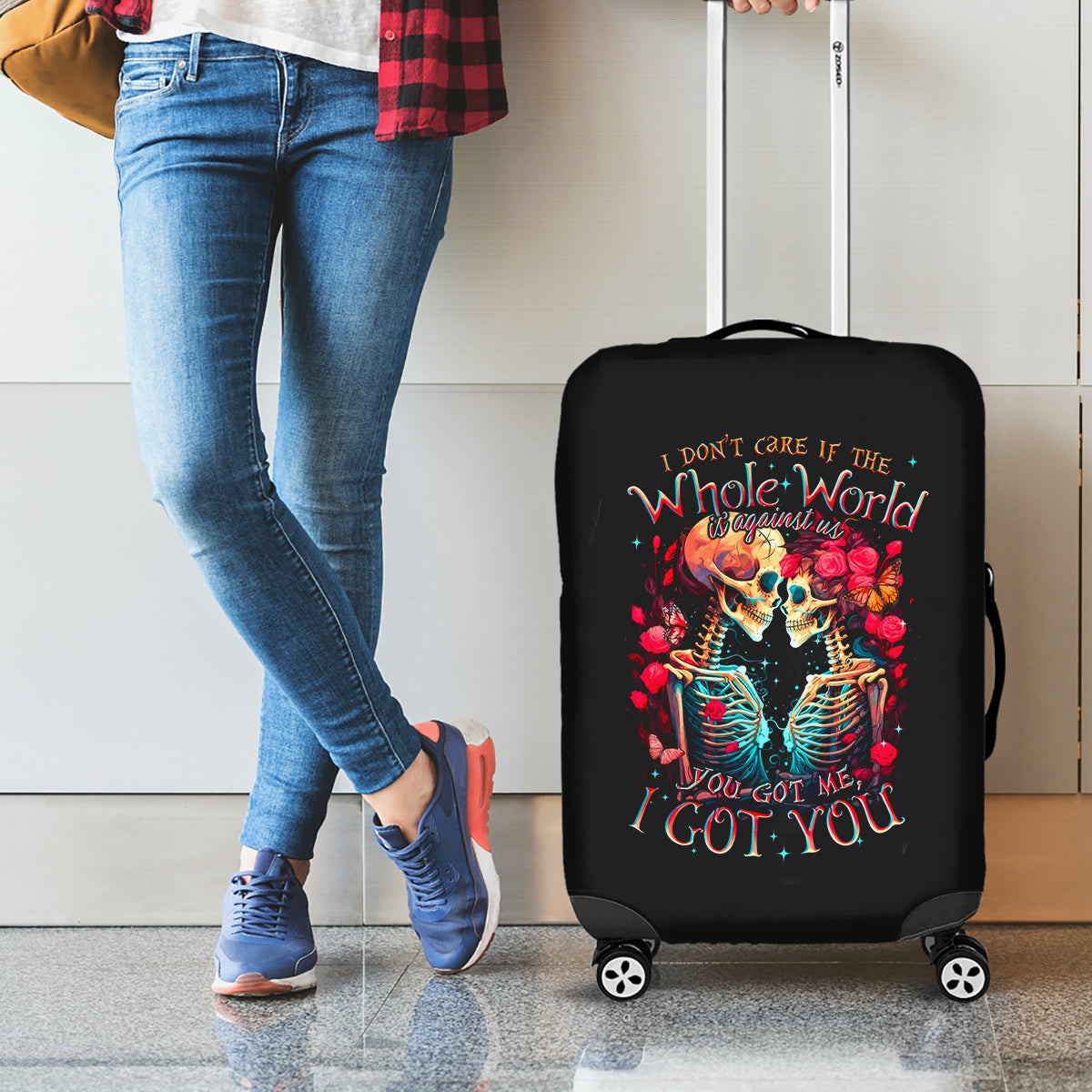 Couple Skull Luggage Cover I Don't Care If The Whole World Is Against Us - Wonder Print Shop
