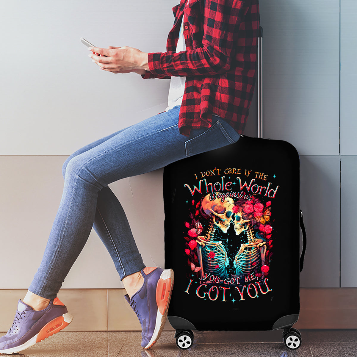 Couple Skull Luggage Cover I Don't Care If The Whole World Is Against Us - Wonder Print Shop