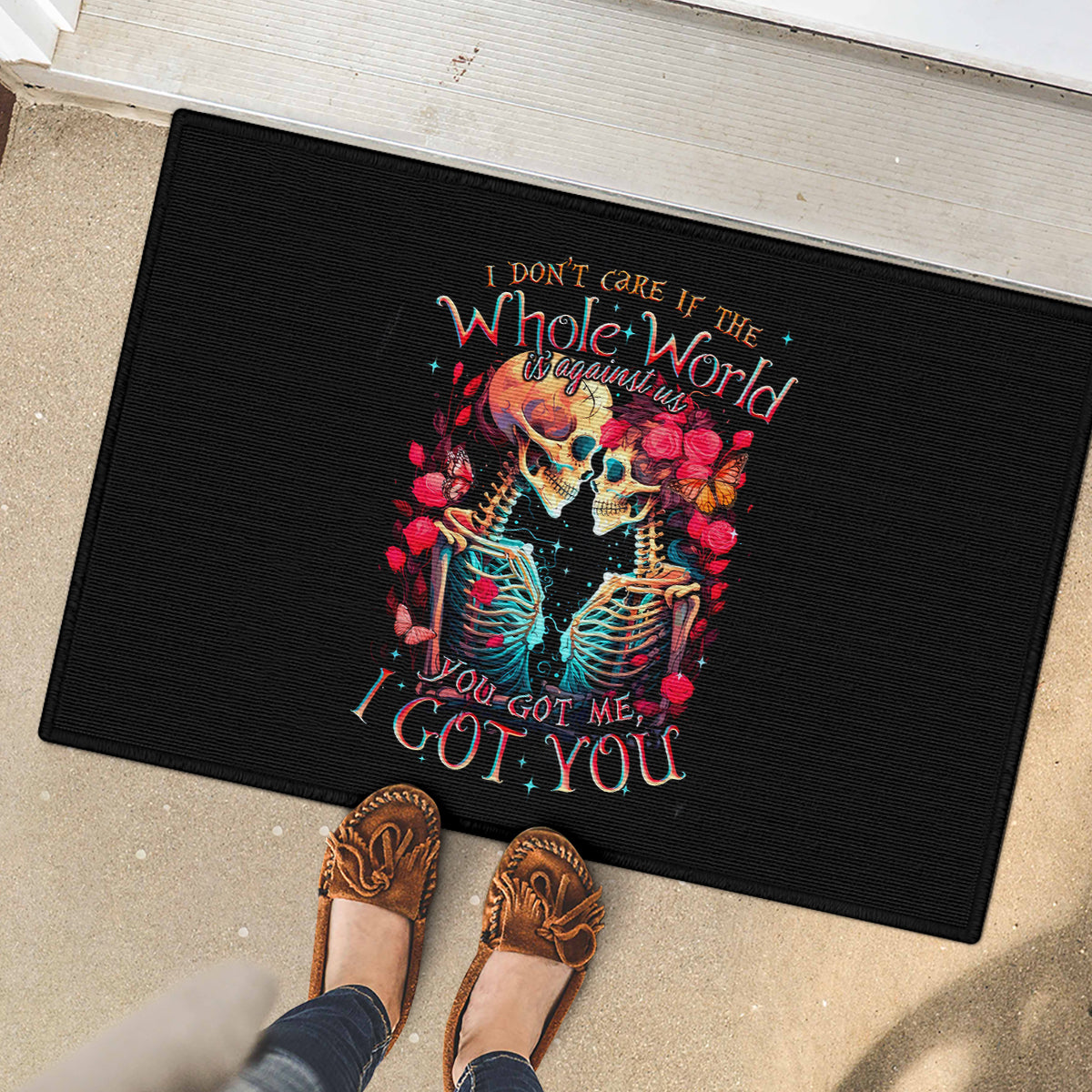 Couple Skull Rubber Doormat I Don't Care If The Whole World Is Against Us - Wonder Print Shop