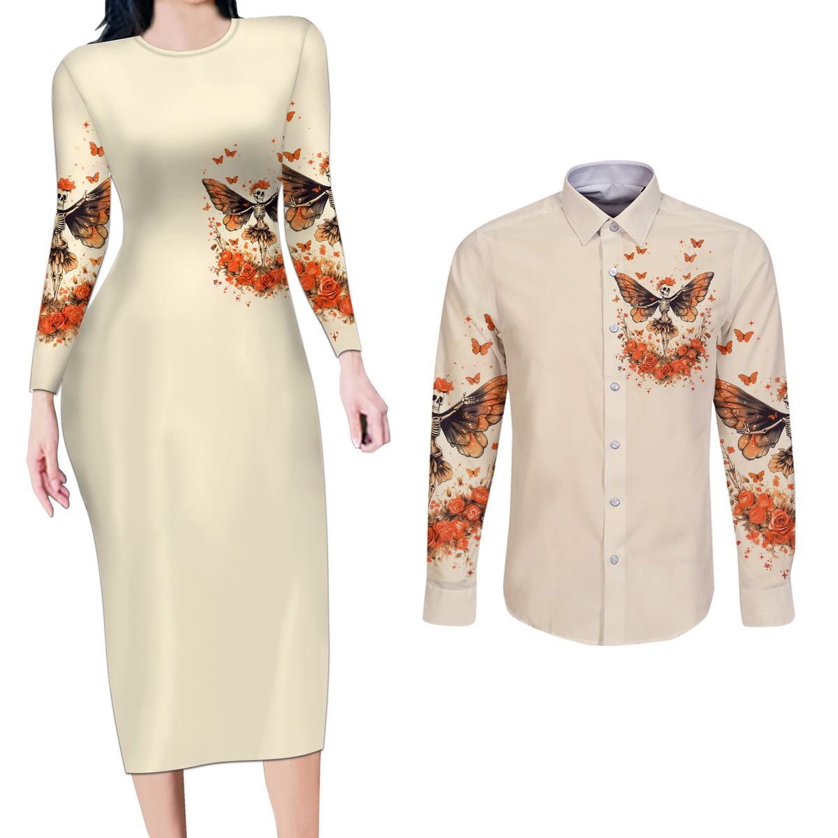 Fairy Skull Couples Matching Long Sleeve Bodycon Dress and Long Sleeve Button Shirt Next Life I Want To Be The Karma Fairy - Wonder Print Shop