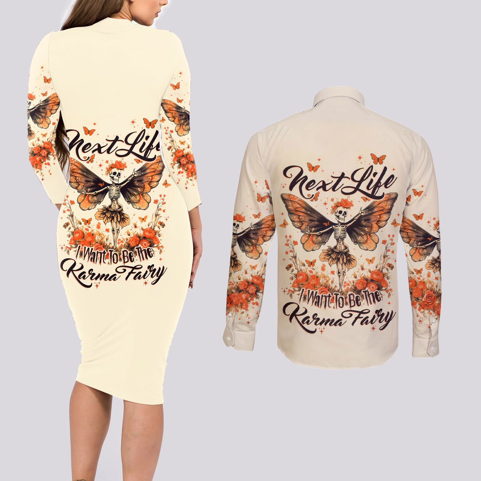Fairy Skull Couples Matching Long Sleeve Bodycon Dress and Long Sleeve Button Shirt Next Life I Want To Be The Karma Fairy - Wonder Print Shop