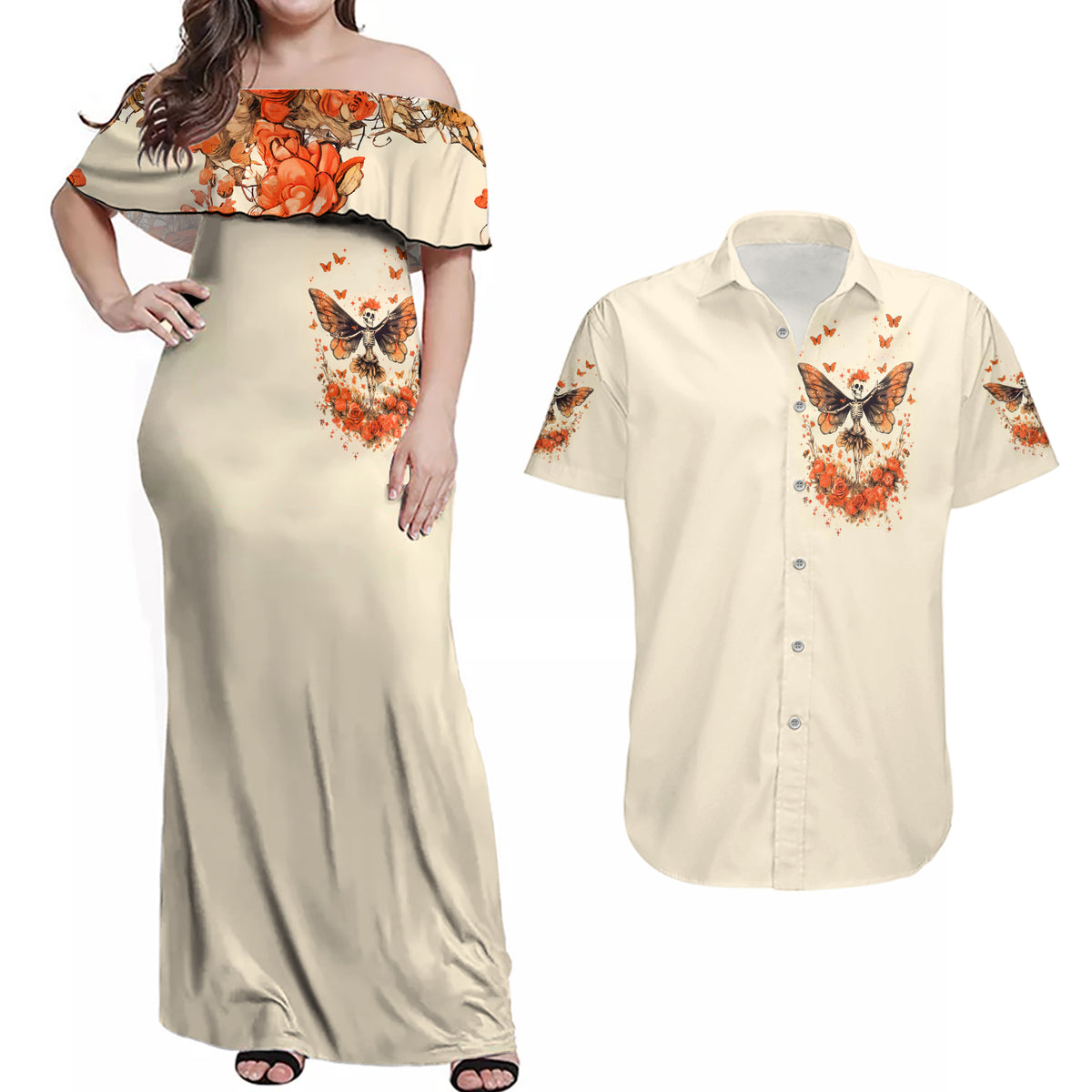 Fairy Skull Couples Matching Off Shoulder Maxi Dress and Hawaiian Shirt Next Life I Want To Be The Karma Fairy - Wonder Print Shop