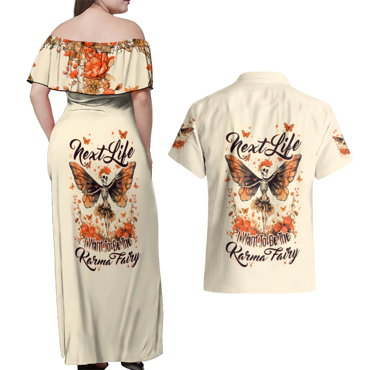 Fairy Skull Couples Matching Off Shoulder Maxi Dress and Hawaiian Shirt Next Life I Want To Be The Karma Fairy - Wonder Print Shop