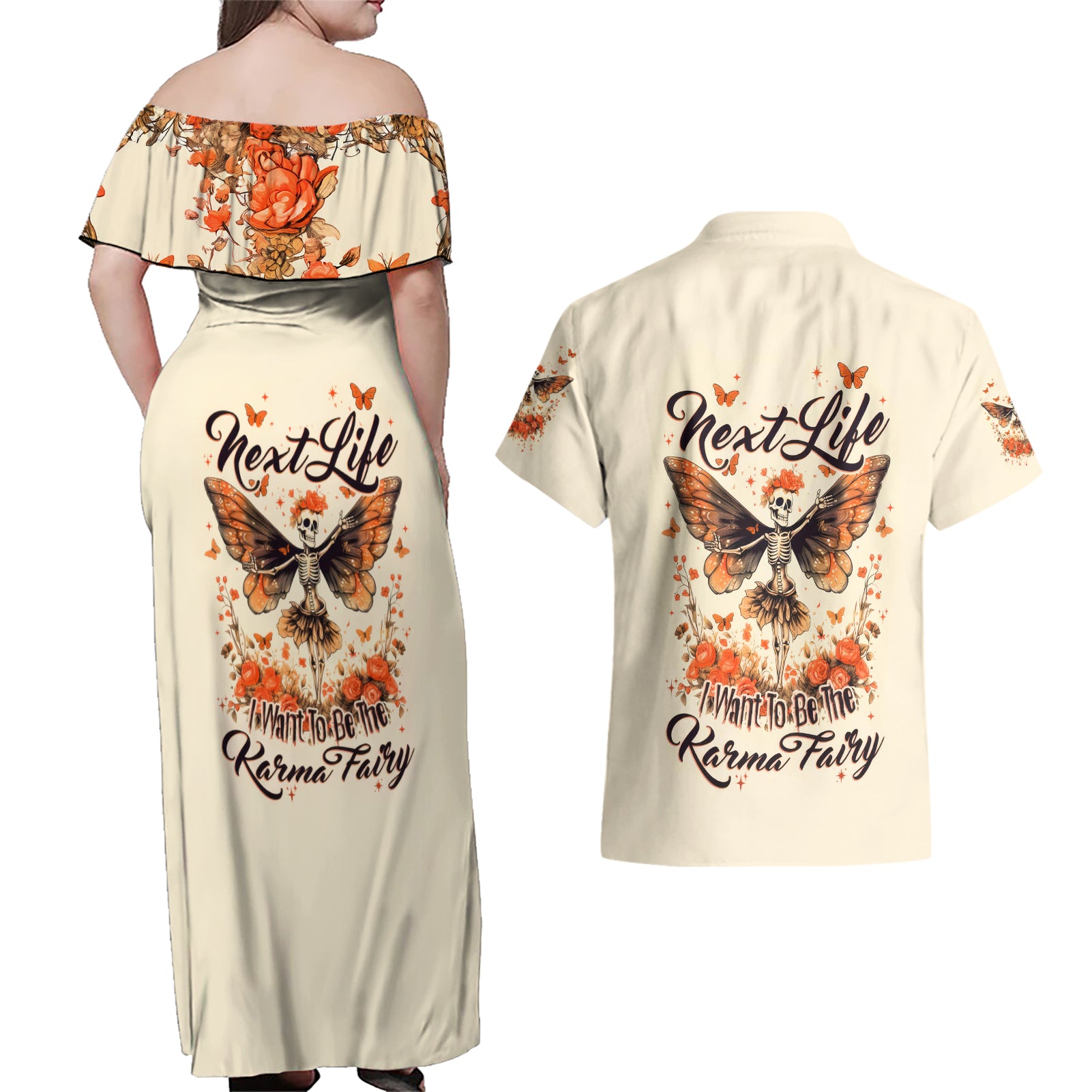 Fairy Skull Couples Matching Off Shoulder Maxi Dress and Hawaiian Shirt Next Life I Want To Be The Karma Fairy - Wonder Print Shop