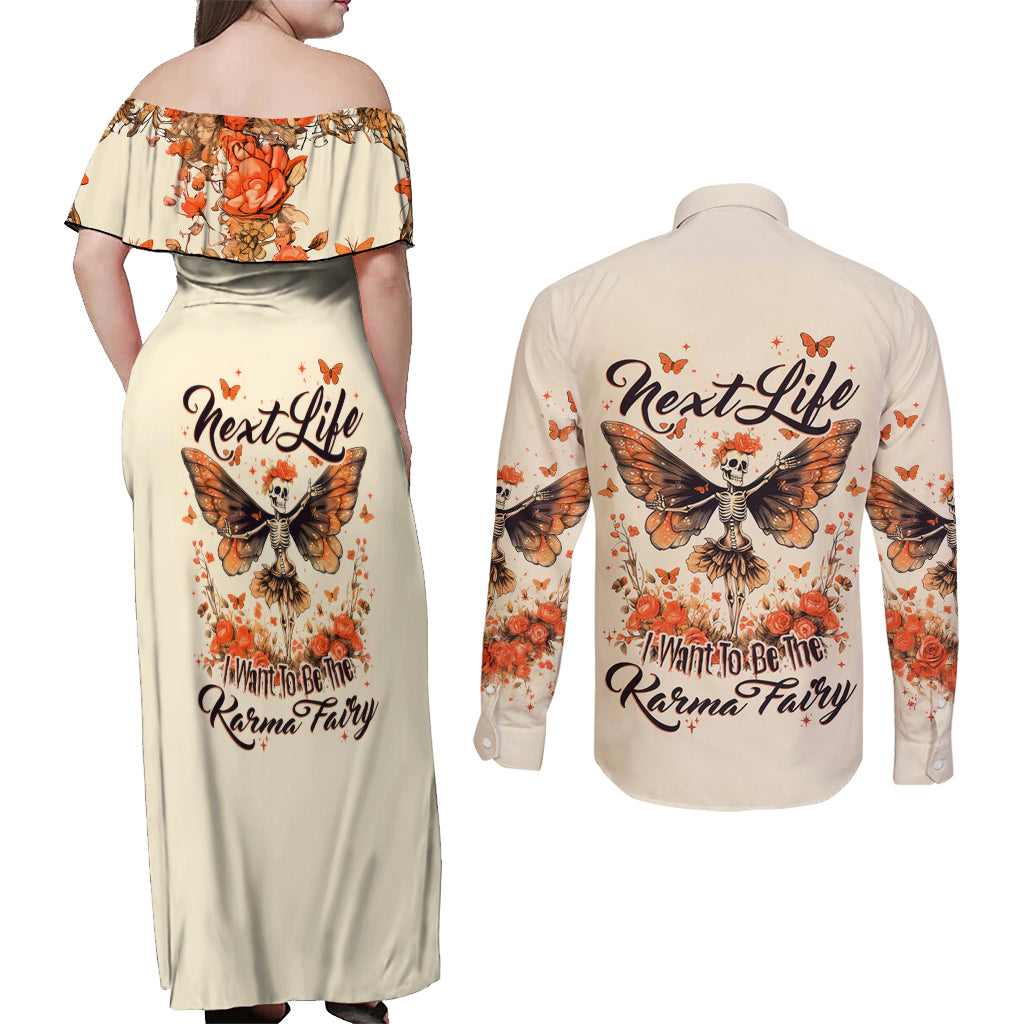 Fairy Skull Couples Matching Off Shoulder Maxi Dress and Long Sleeve Button Shirt Next Life I Want To Be The Karma Fairy - Wonder Print Shop