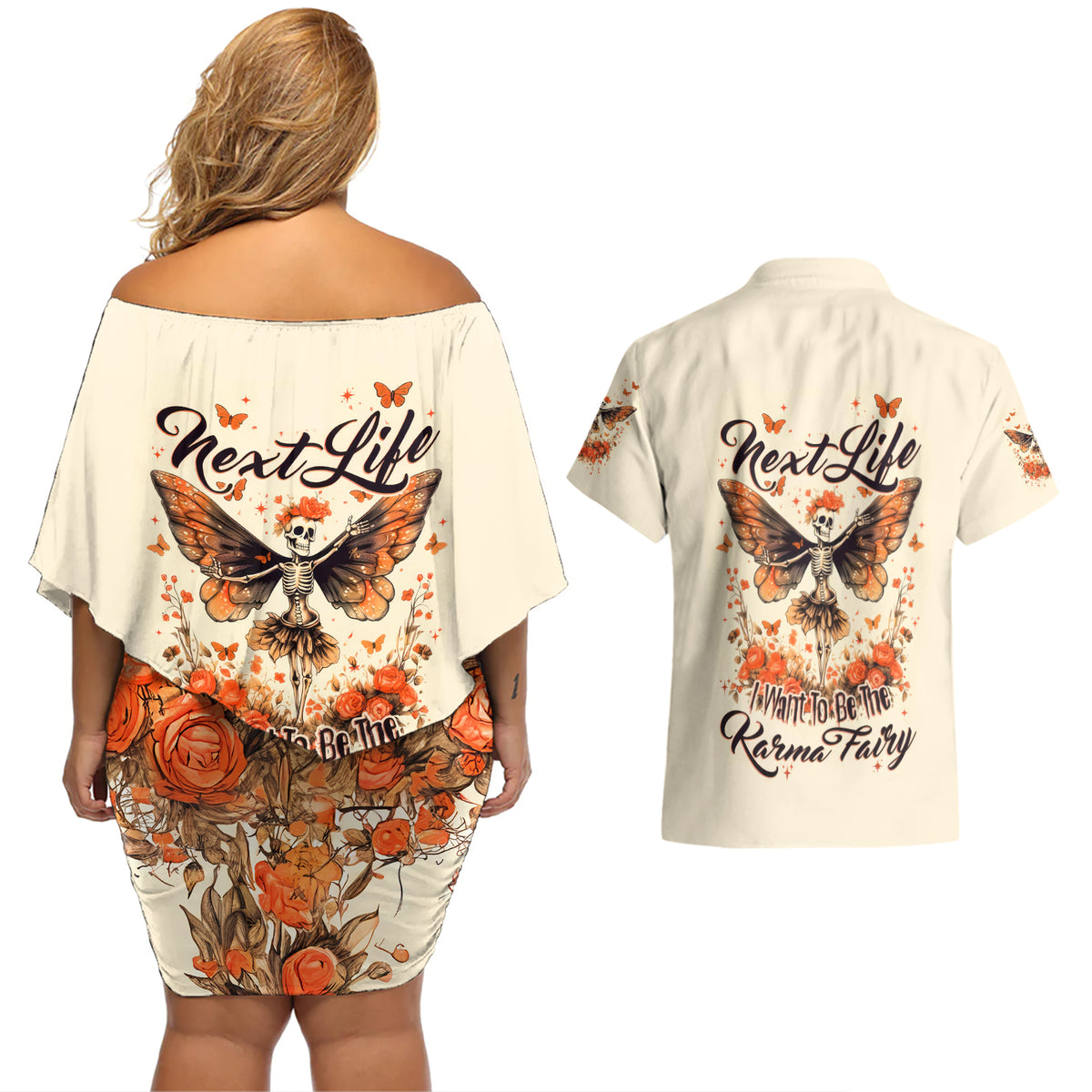 Fairy Skull Couples Matching Off Shoulder Short Dress and Hawaiian Shirt Next Life I Want To Be The Karma Fairy - Wonder Print Shop