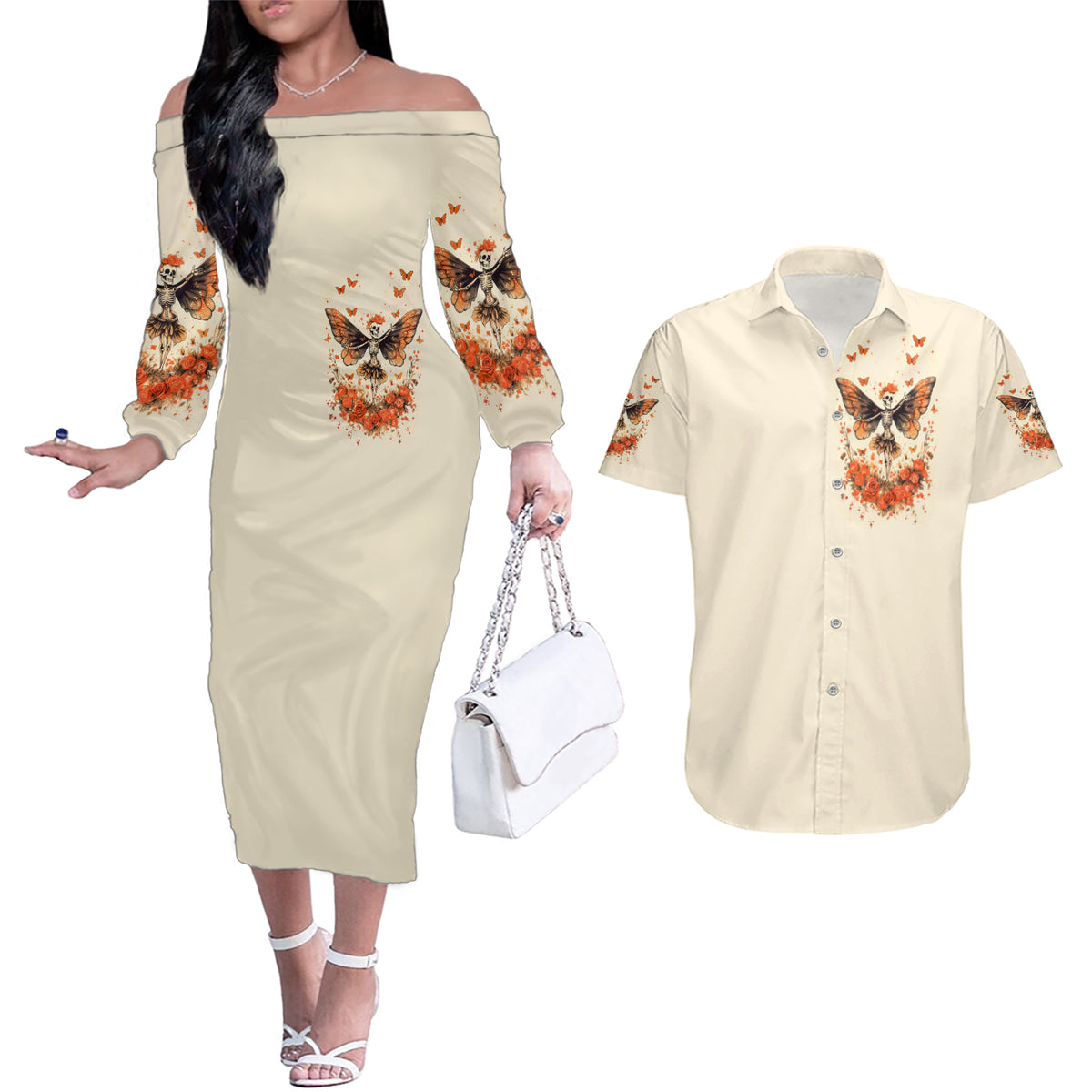 Fairy Skull Couples Matching Off The Shoulder Long Sleeve Dress and Hawaiian Shirt Next Life I Want To Be The Karma Fairy - Wonder Print Shop
