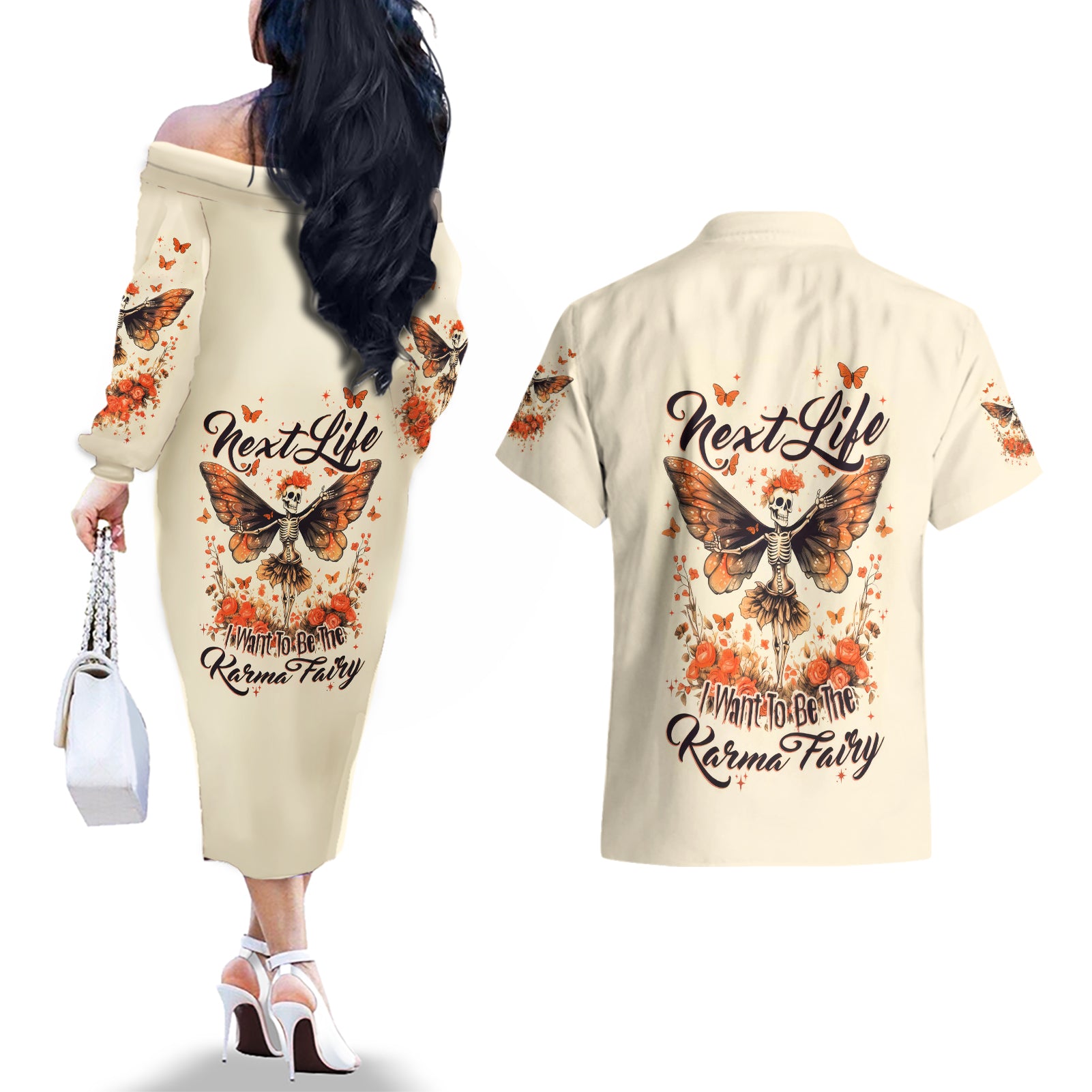 Fairy Skull Couples Matching Off The Shoulder Long Sleeve Dress and Hawaiian Shirt Next Life I Want To Be The Karma Fairy - Wonder Print Shop
