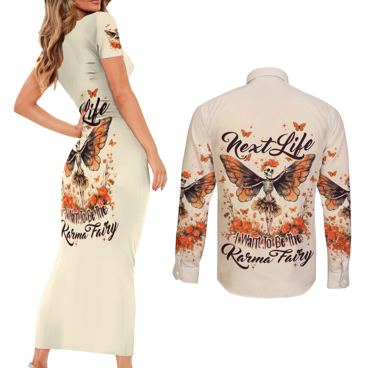 Fairy Skull Couples Matching Short Sleeve Bodycon Dress and Long Sleeve Button Shirt Next Life I Want To Be The Karma Fairy - Wonder Print Shop