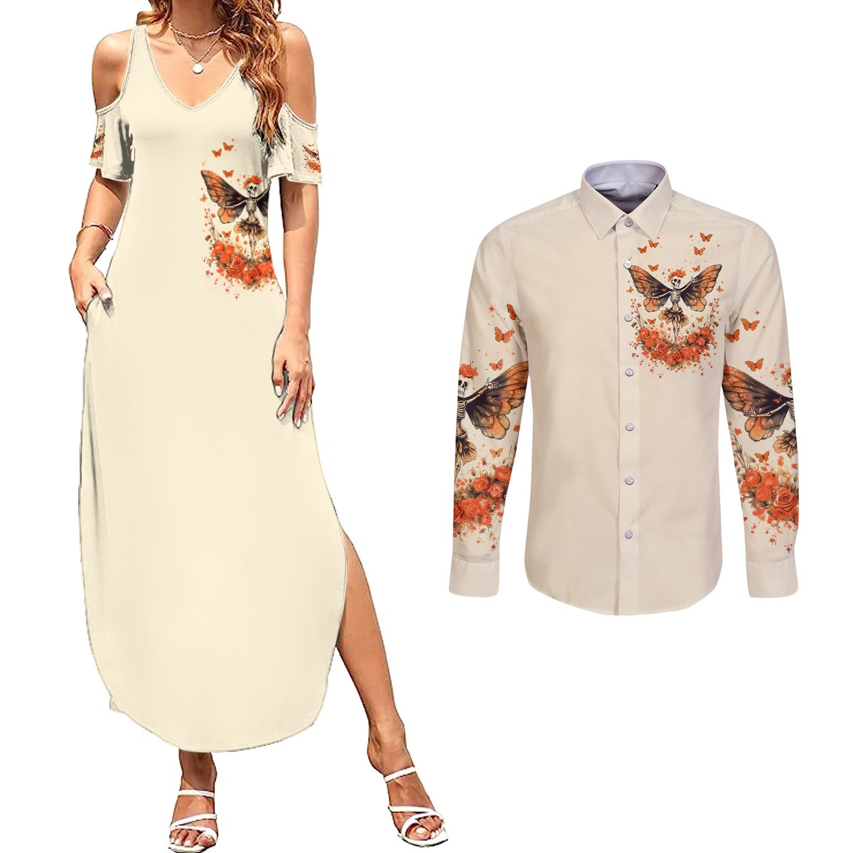 Fairy Skull Couples Matching Summer Maxi Dress and Long Sleeve Button Shirt Next Life I Want To Be The Karma Fairy - Wonder Print Shop