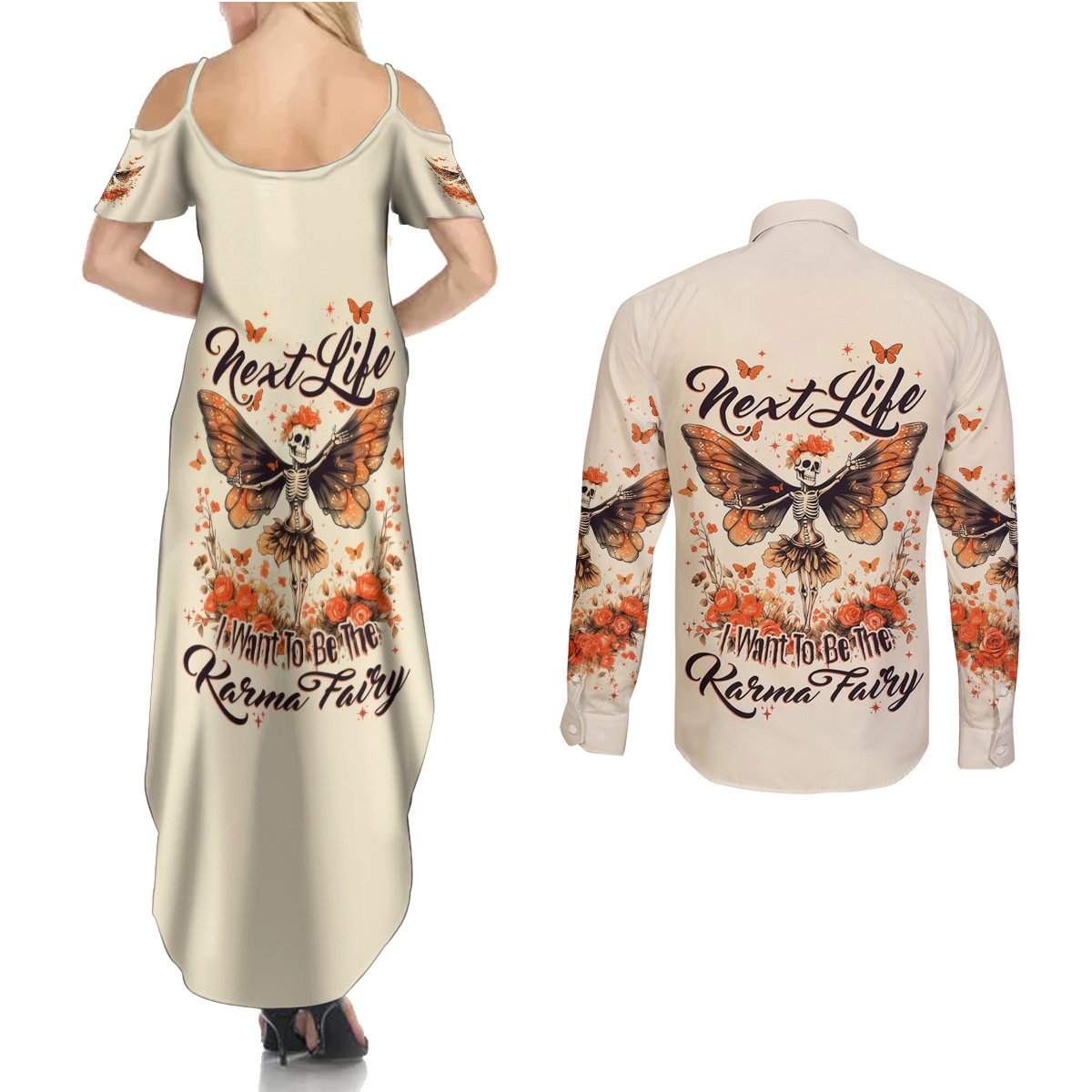 Fairy Skull Couples Matching Summer Maxi Dress and Long Sleeve Button Shirt Next Life I Want To Be The Karma Fairy - Wonder Print Shop