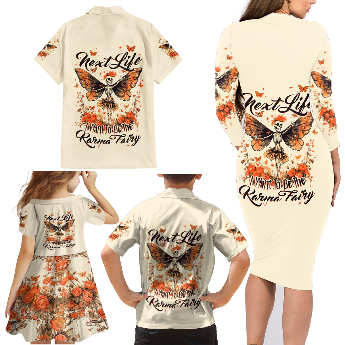 Fairy Skull Family Matching Long Sleeve Bodycon Dress and Hawaiian Shirt Next Life I Want To Be The Karma Fairy - Wonder Print Shop