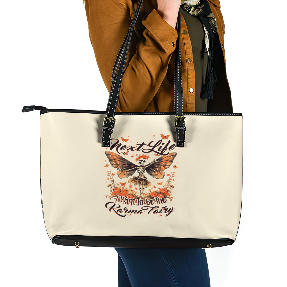 Fairy Skull Leather Tote Bag Next Life I Want To Be The Karma Fairy - Wonder Print Shop