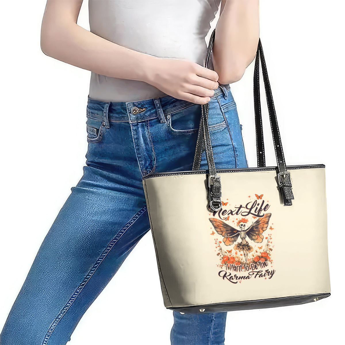 Fairy Skull Leather Tote Bag Next Life I Want To Be The Karma Fairy - Wonder Print Shop