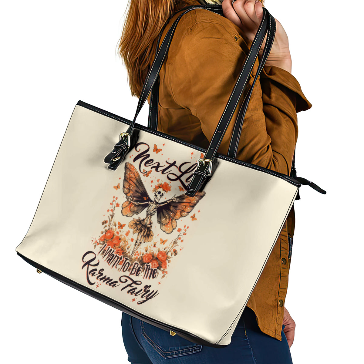 Fairy Skull Leather Tote Bag Next Life I Want To Be The Karma Fairy - Wonder Print Shop