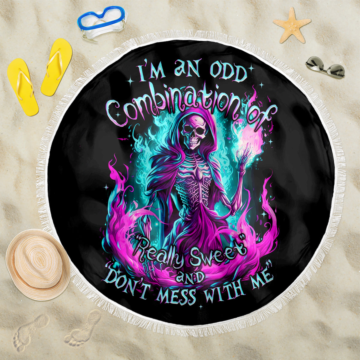 Flame Witch Skull Beach Blanket I'm An Odd Combination Of Sweet And Don't Mess With Me - Wonder Print Shop