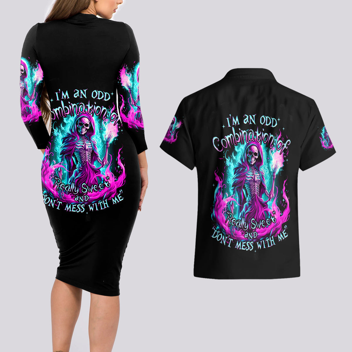 Flame Witch Skull Couples Matching Long Sleeve Bodycon Dress and Hawaiian Shirt I'm An Odd Combination Of Sweet And Don't Mess With Me - Wonder Print Shop