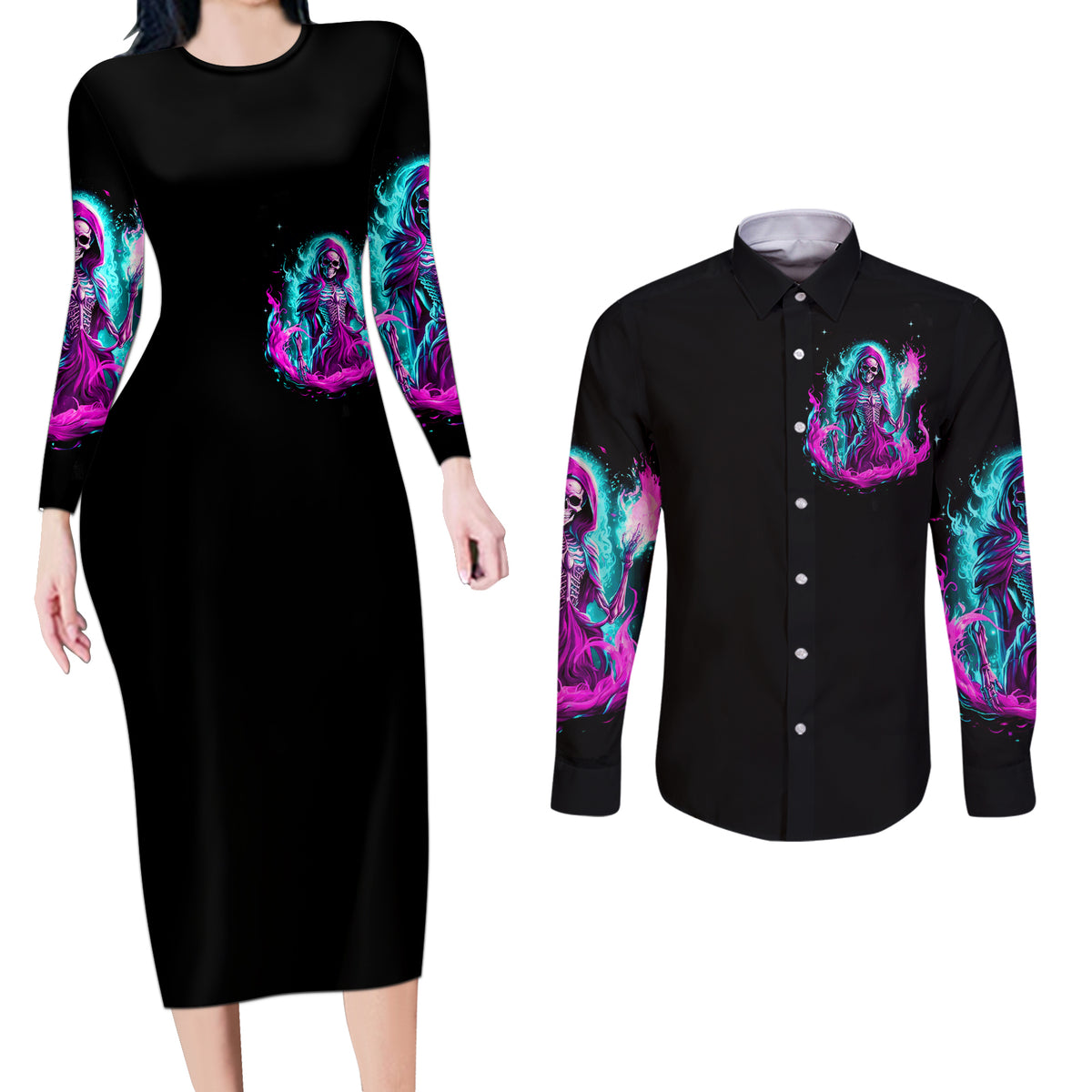 Flame Witch Skull Couples Matching Long Sleeve Bodycon Dress and Long Sleeve Button Shirt I'm An Odd Combination Of Sweet And Don't Mess With Me - Wonder Print Shop