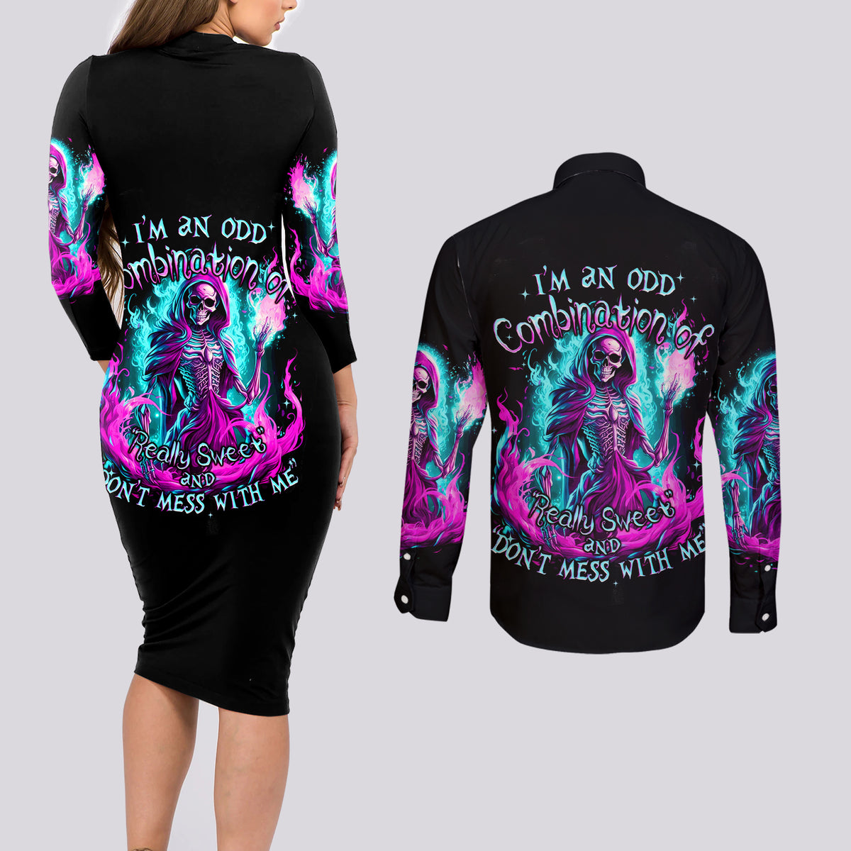 Flame Witch Skull Couples Matching Long Sleeve Bodycon Dress and Long Sleeve Button Shirt I'm An Odd Combination Of Sweet And Don't Mess With Me - Wonder Print Shop