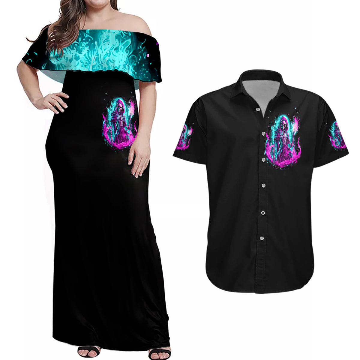 Flame Witch Skull Couples Matching Off Shoulder Maxi Dress and Hawaiian Shirt I'm An Odd Combination Of Sweet And Don't Mess With Me - Wonder Print Shop