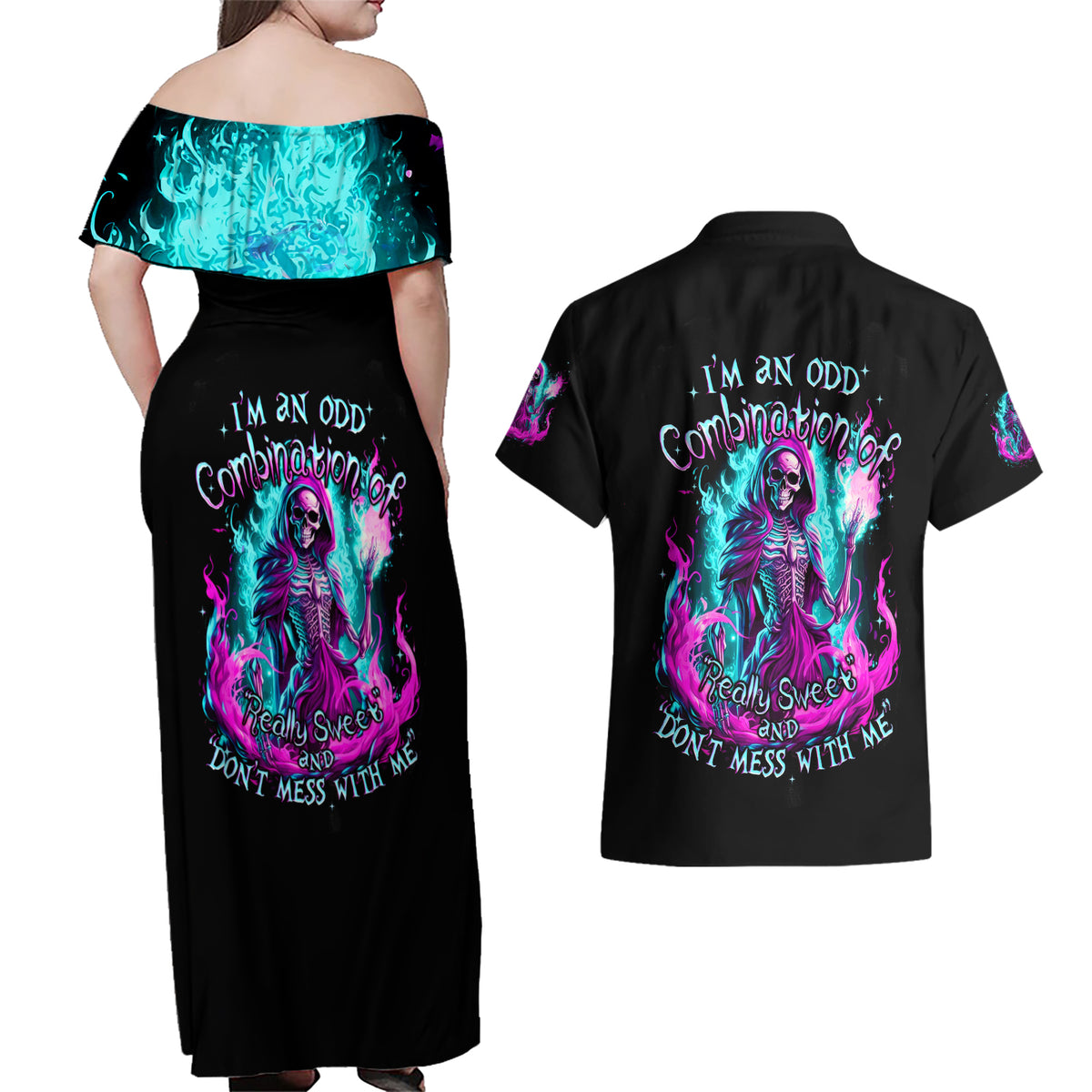 Flame Witch Skull Couples Matching Off Shoulder Maxi Dress and Hawaiian Shirt I'm An Odd Combination Of Sweet And Don't Mess With Me - Wonder Print Shop