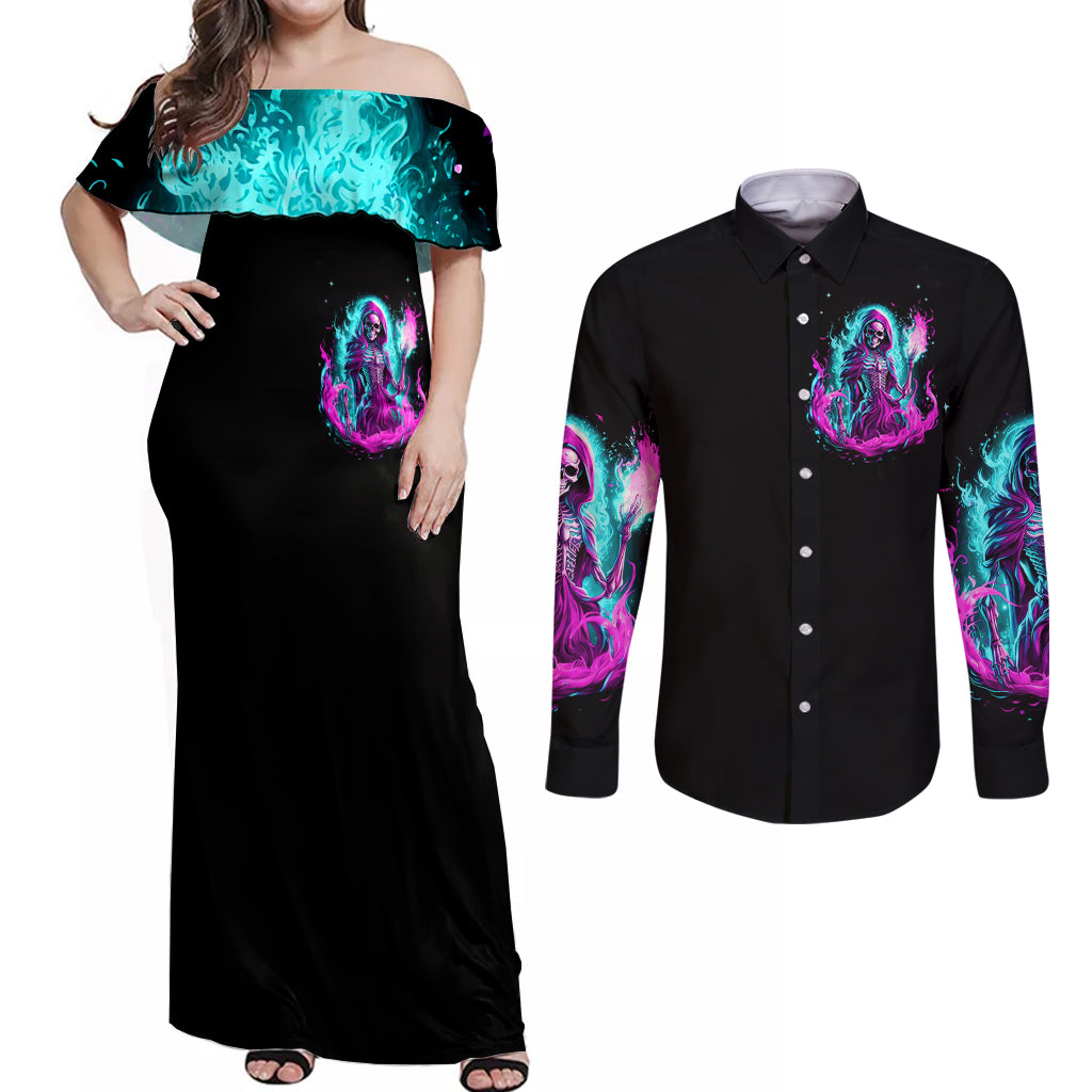 Flame Witch Skull Couples Matching Off Shoulder Maxi Dress and Long Sleeve Button Shirt I'm An Odd Combination Of Sweet And Don't Mess With Me - Wonder Print Shop