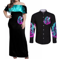 Flame Witch Skull Couples Matching Off Shoulder Maxi Dress and Long Sleeve Button Shirt I'm An Odd Combination Of Sweet And Don't Mess With Me - Wonder Print Shop