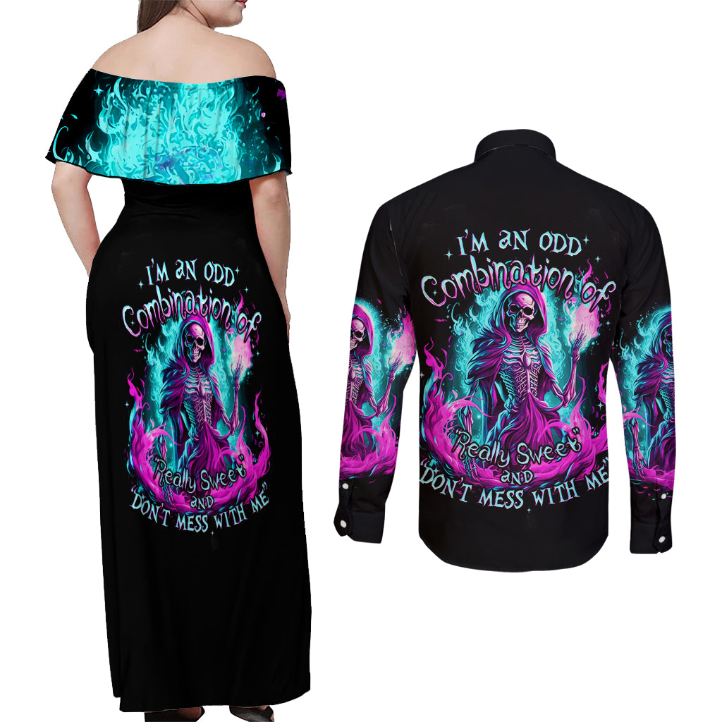 Flame Witch Skull Couples Matching Off Shoulder Maxi Dress and Long Sleeve Button Shirt I'm An Odd Combination Of Sweet And Don't Mess With Me - Wonder Print Shop