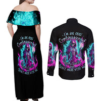 Flame Witch Skull Couples Matching Off Shoulder Maxi Dress and Long Sleeve Button Shirt I'm An Odd Combination Of Sweet And Don't Mess With Me - Wonder Print Shop