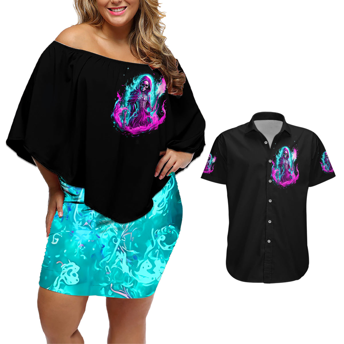 Flame Witch Skull Couples Matching Off Shoulder Short Dress and Hawaiian Shirt I'm An Odd Combination Of Sweet And Don't Mess With Me - Wonder Print Shop