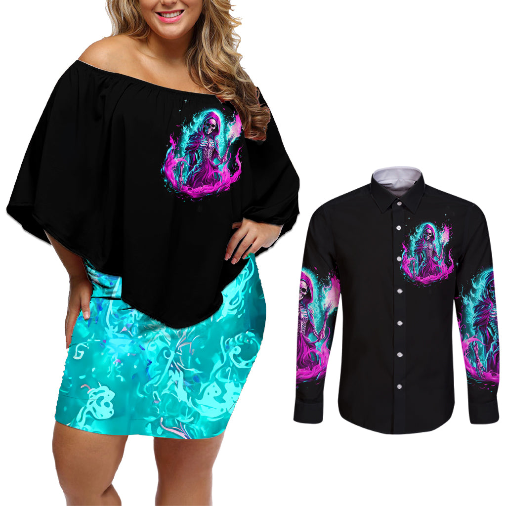 Flame Witch Skull Couples Matching Off Shoulder Short Dress and Long Sleeve Button Shirt I'm An Odd Combination Of Sweet And Don't Mess With Me - Wonder Print Shop