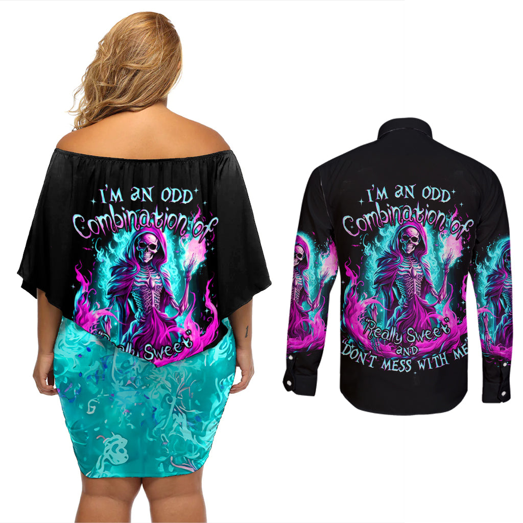 Flame Witch Skull Couples Matching Off Shoulder Short Dress and Long Sleeve Button Shirt I'm An Odd Combination Of Sweet And Don't Mess With Me - Wonder Print Shop
