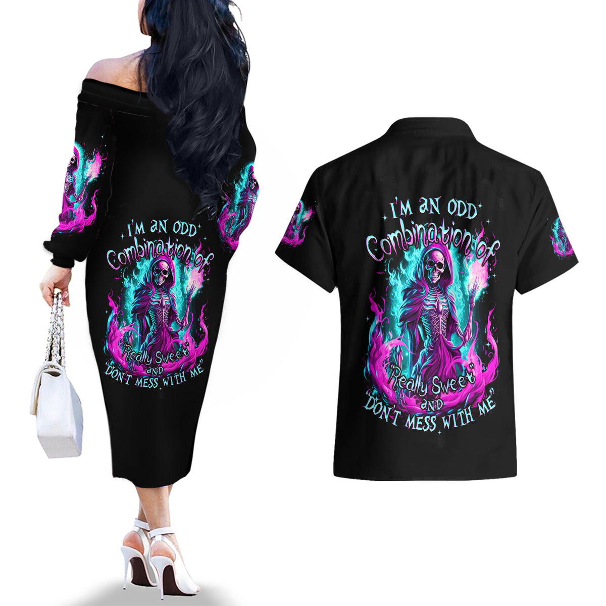 Flame Witch Skull Couples Matching Off The Shoulder Long Sleeve Dress and Hawaiian Shirt I'm An Odd Combination Of Sweet And Don't Mess With Me - Wonder Print Shop