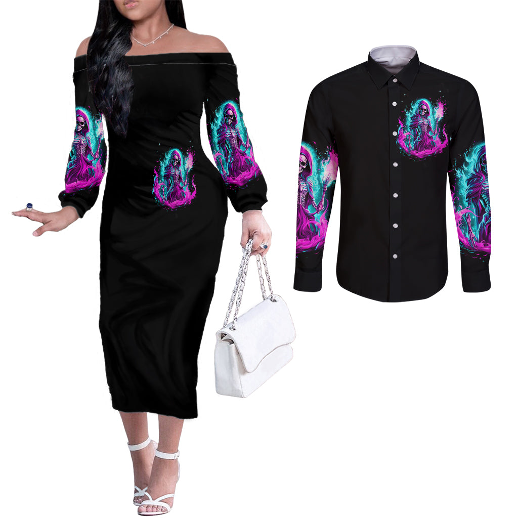 Flame Witch Skull Couples Matching Off The Shoulder Long Sleeve Dress and Long Sleeve Button Shirt I'm An Odd Combination Of Sweet And Don't Mess With Me DT01