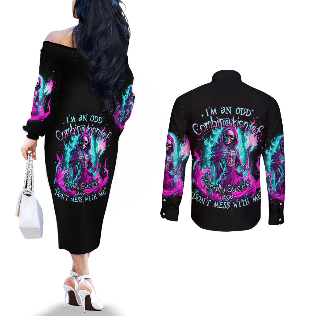 Flame Witch Skull Couples Matching Off The Shoulder Long Sleeve Dress and Long Sleeve Button Shirt I'm An Odd Combination Of Sweet And Don't Mess With Me DT01