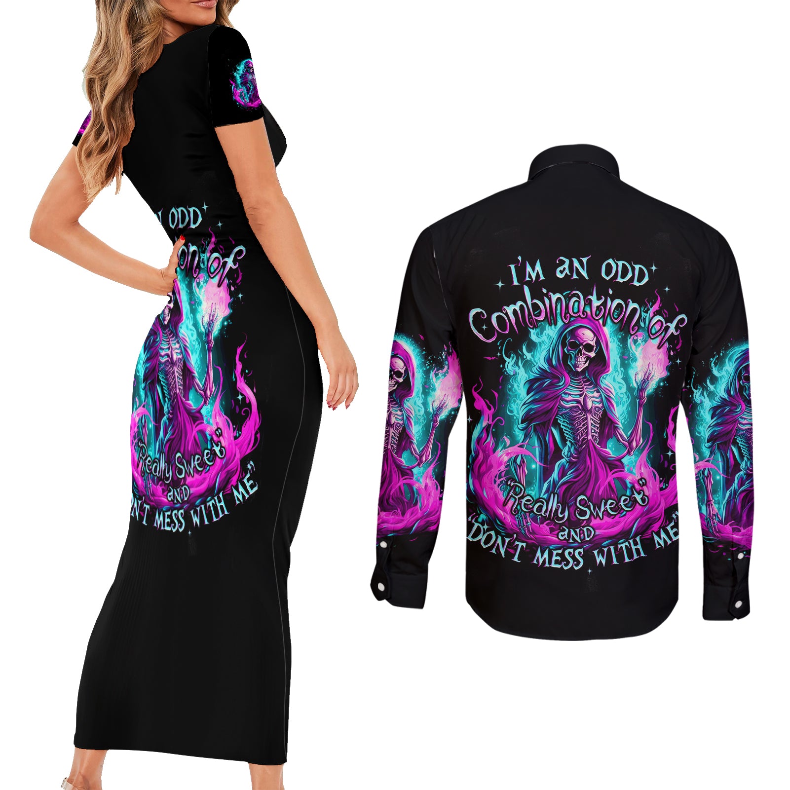 Flame Witch Skull Couples Matching Short Sleeve Bodycon Dress and Long Sleeve Button Shirt I'm An Odd Combination Of Sweet And Don't Mess With Me - Wonder Print Shop