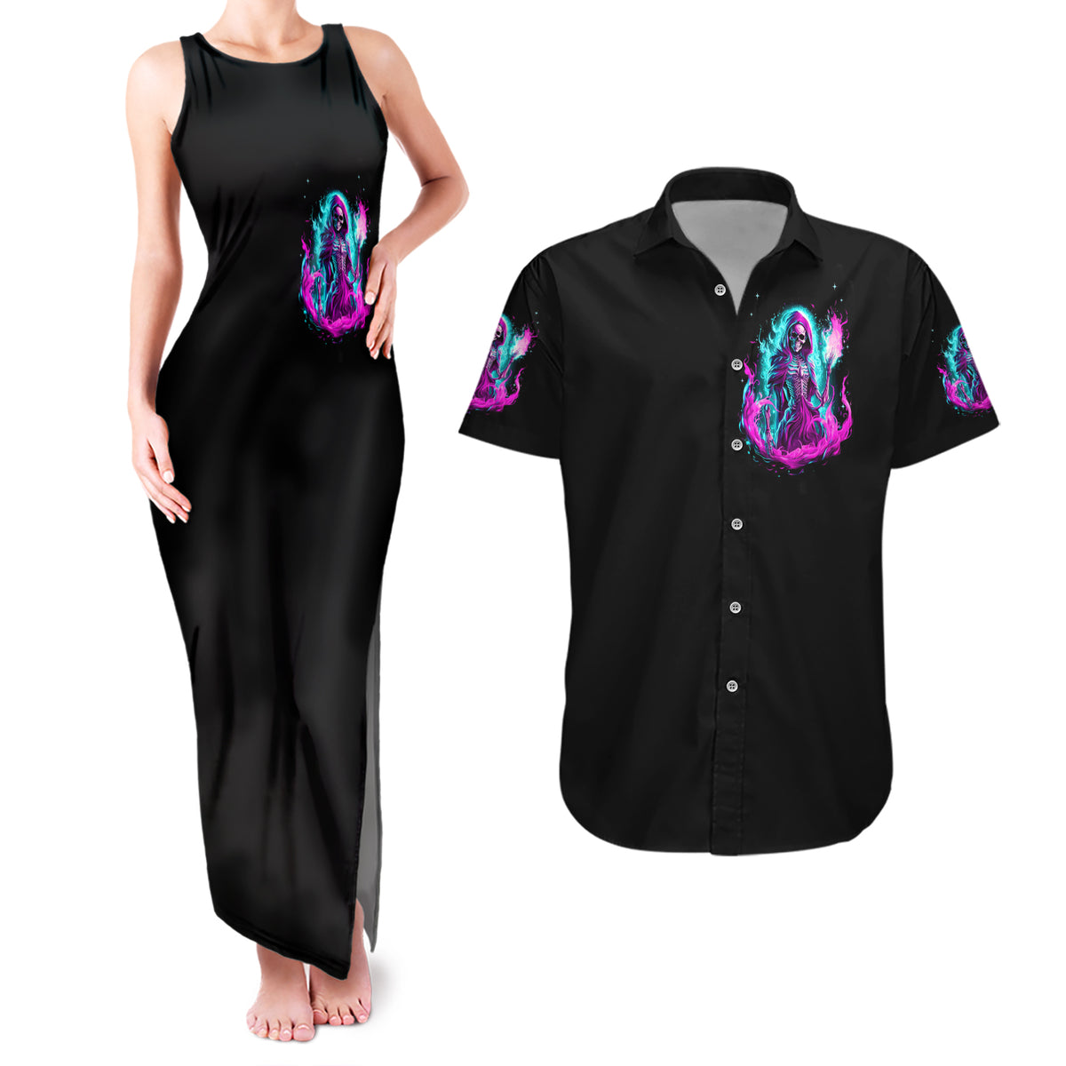 Flame Witch Skull Couples Matching Tank Maxi Dress and Hawaiian Shirt I'm An Odd Combination Of Sweet And Don't Mess With Me - Wonder Print Shop