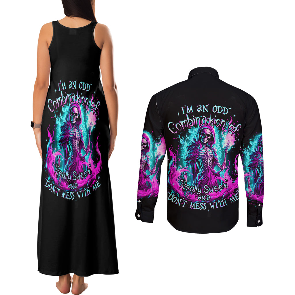 Flame Witch Skull Couples Matching Tank Maxi Dress and Long Sleeve Button Shirt I'm An Odd Combination Of Sweet And Don't Mess With Me - Wonder Print Shop