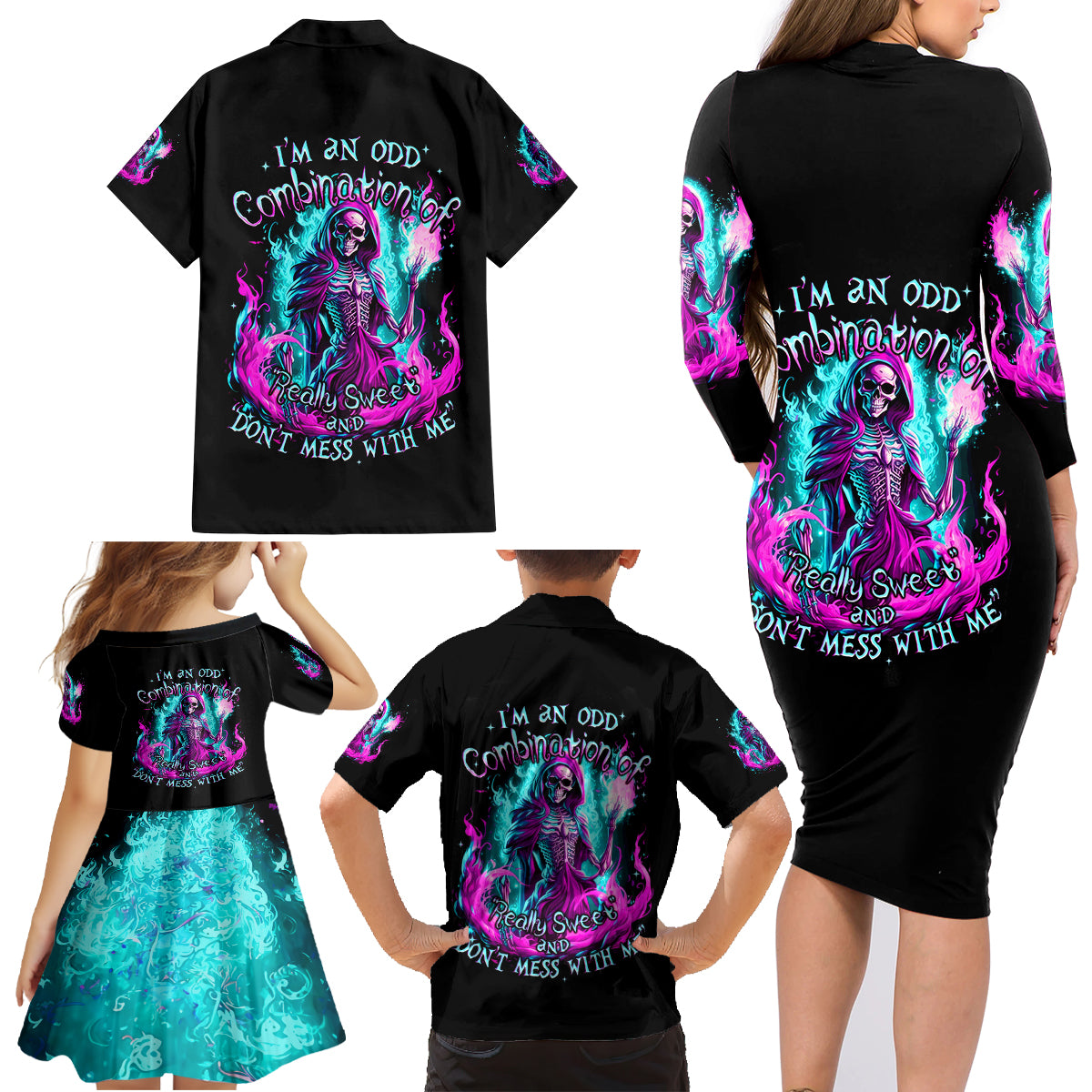 Flame Witch Skull Family Matching Long Sleeve Bodycon Dress and Hawaiian Shirt I'm An Odd Combination Of Sweet And Don't Mess With Me - Wonder Print Shop