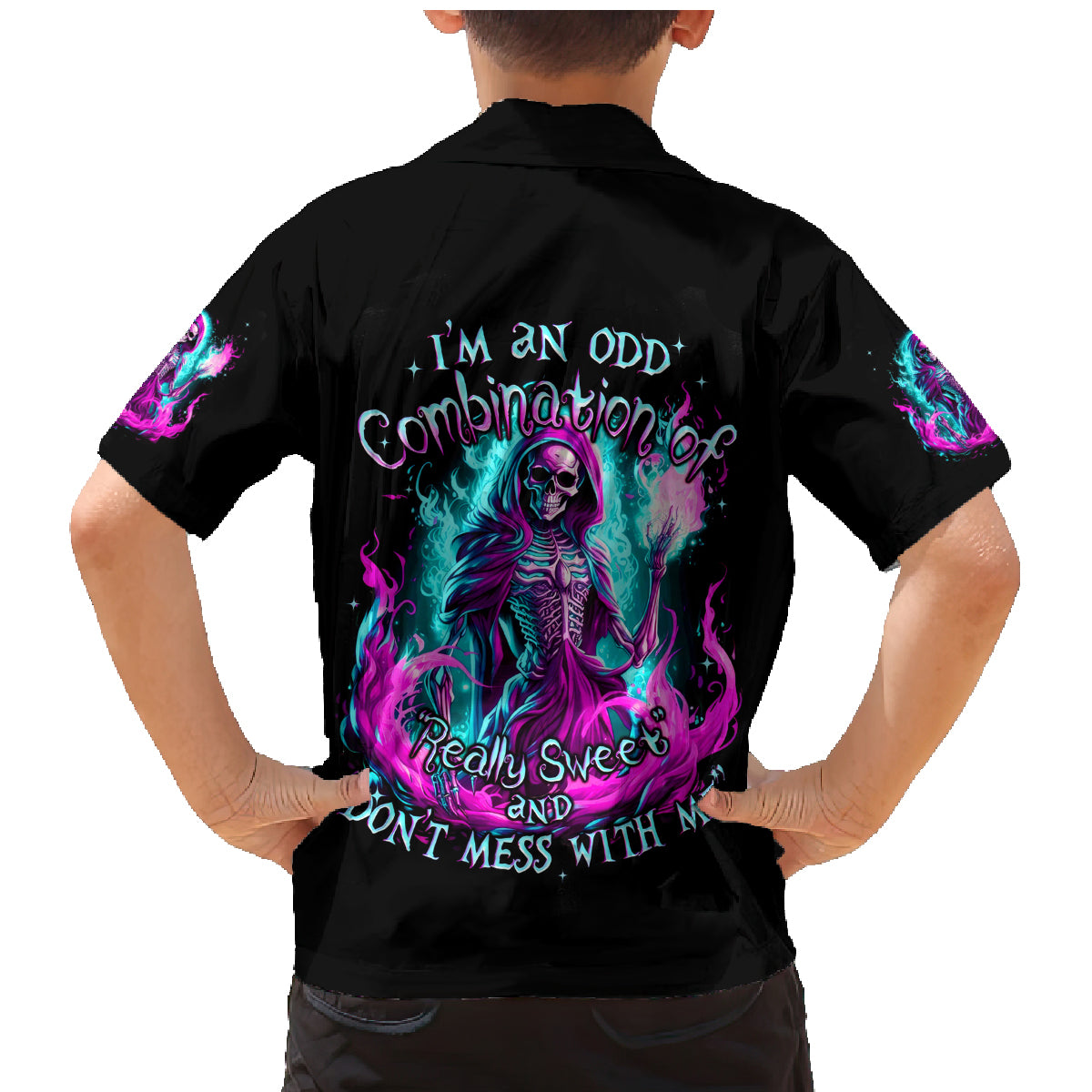 Flame Witch Skull Family Matching Mermaid Dress and Hawaiian Shirt I'm An Odd Combination Of Sweet And Don't Mess With Me - Wonder Print Shop