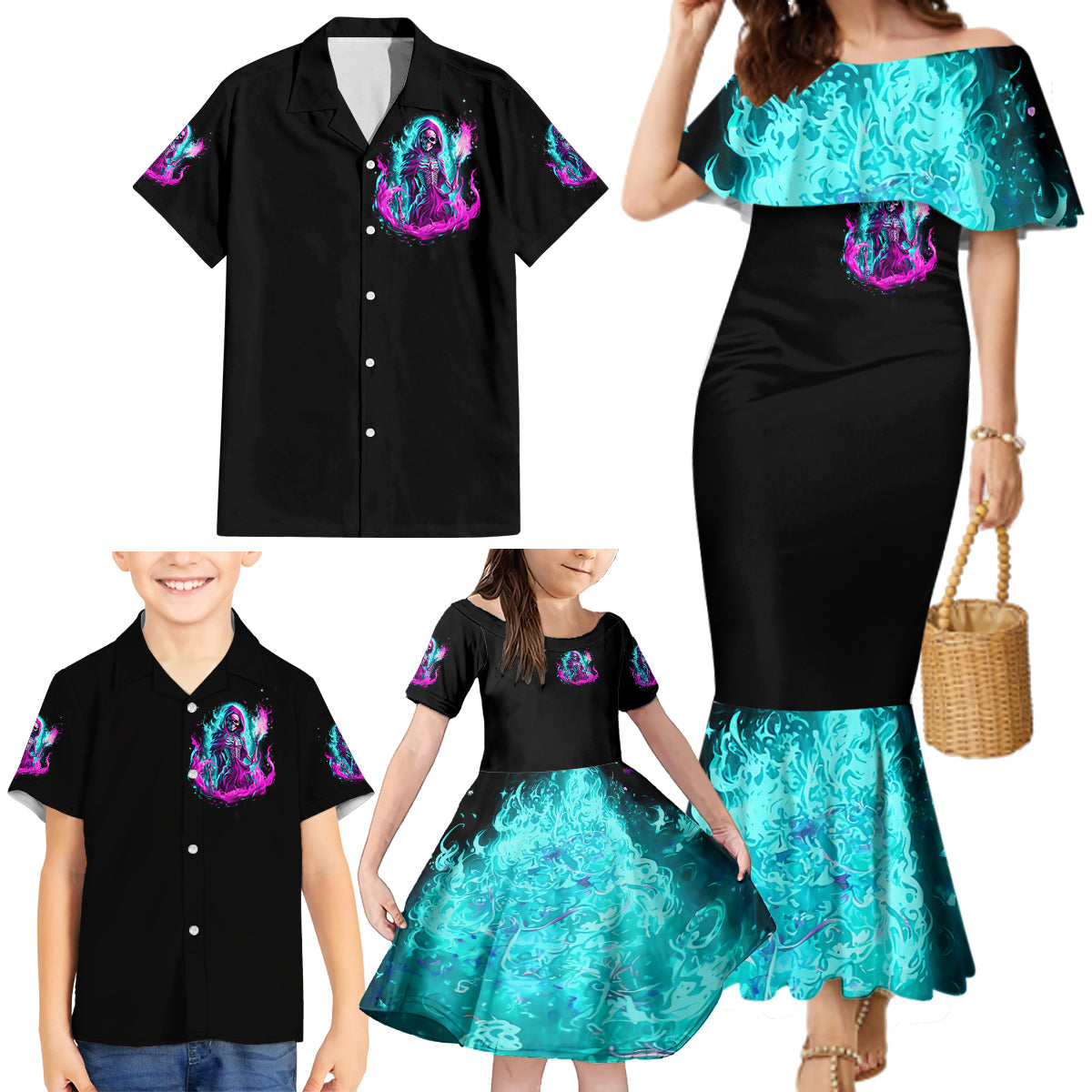 Flame Witch Skull Family Matching Mermaid Dress and Hawaiian Shirt I'm An Odd Combination Of Sweet And Don't Mess With Me - Wonder Print Shop