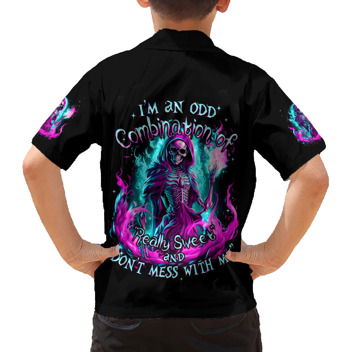 Flame Witch Skull Family Matching Off Shoulder Long Sleeve Dress and Hawaiian Shirt I'm An Odd Combination Of Sweet And Don't Mess With Me - Wonder Print Shop