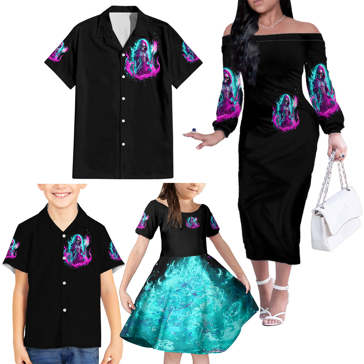 Flame Witch Skull Family Matching Off Shoulder Long Sleeve Dress and Hawaiian Shirt I'm An Odd Combination Of Sweet And Don't Mess With Me - Wonder Print Shop