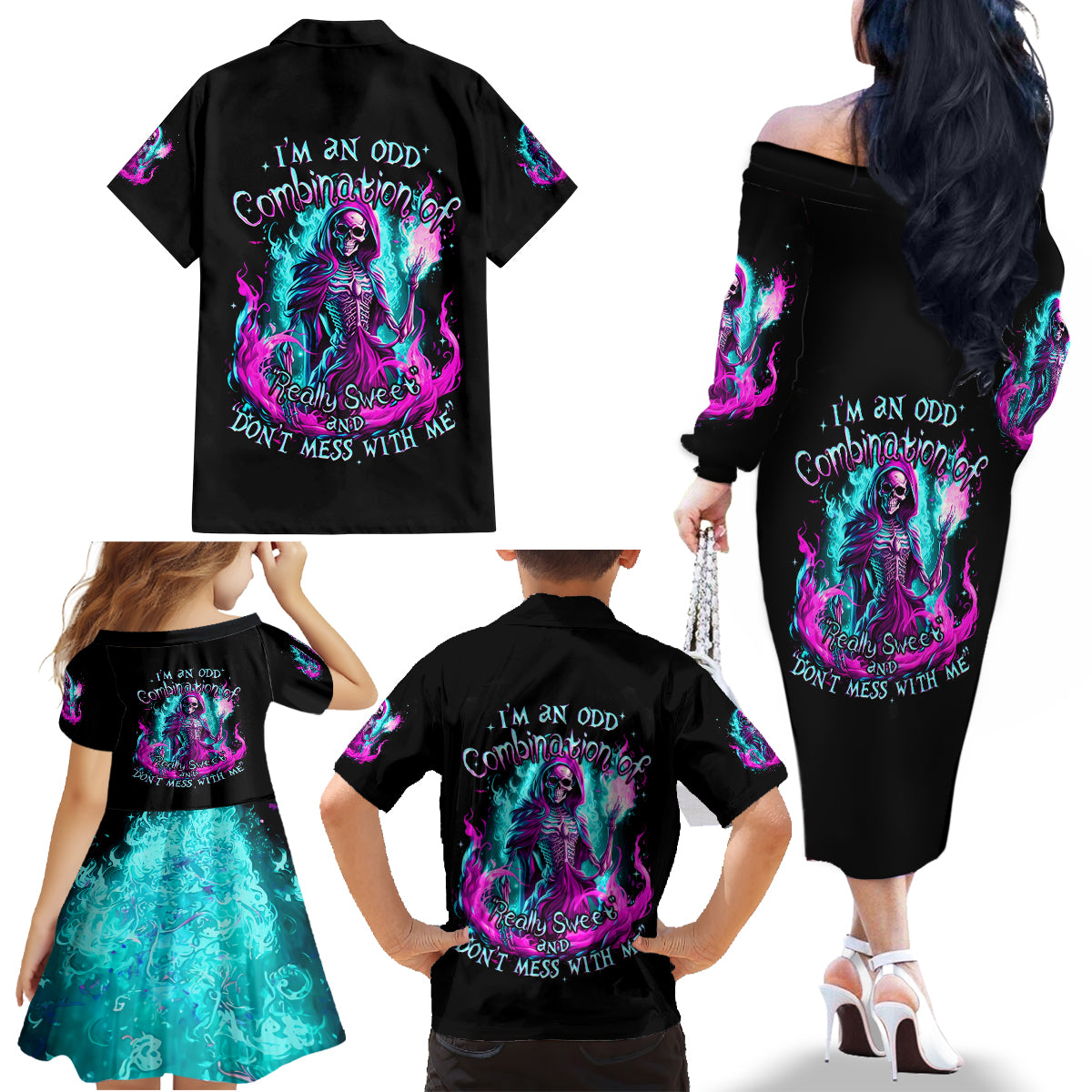 Flame Witch Skull Family Matching Off Shoulder Long Sleeve Dress and Hawaiian Shirt I'm An Odd Combination Of Sweet And Don't Mess With Me - Wonder Print Shop