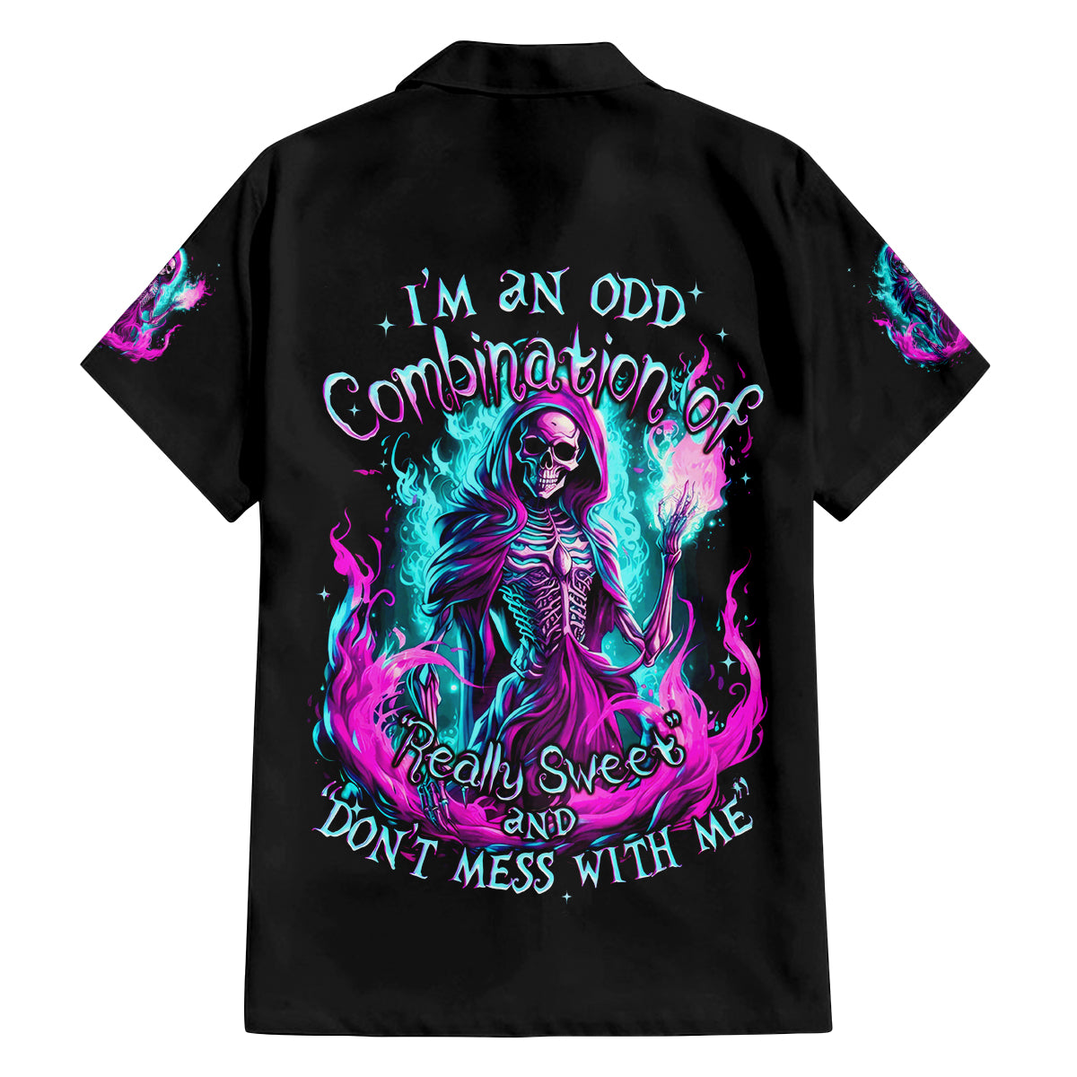 Flame Witch Skull Family Matching Off Shoulder Long Sleeve Dress and Hawaiian Shirt I'm An Odd Combination Of Sweet And Don't Mess With Me - Wonder Print Shop
